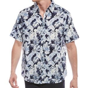 NWT Report Collection Navy and White linen blend Tropical Shirt size M
